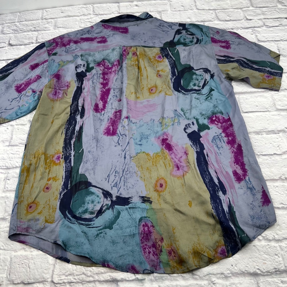 Goouch Vintage 90s Silk Abstract Brushstroke Print Shirt Men's Large Blue Purple - Picture 4 of 11
